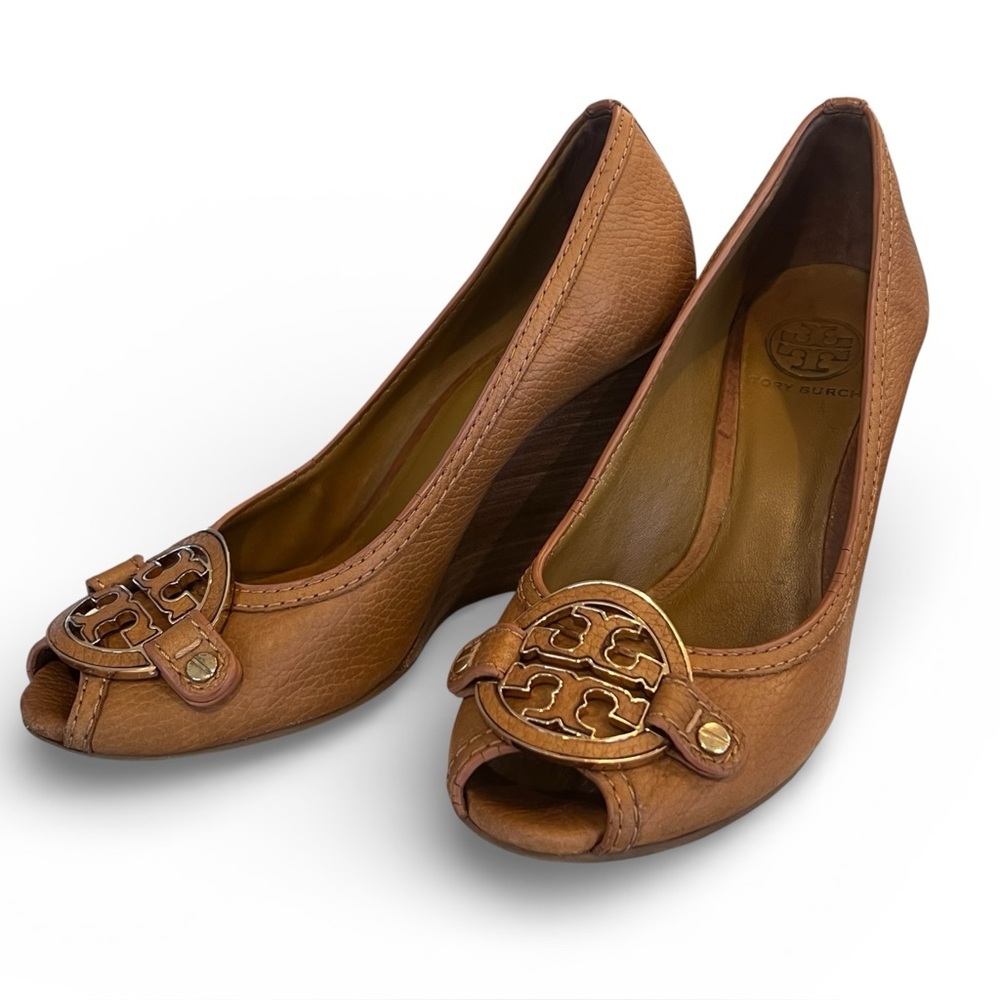 Tory Burch Selma Peep Toe Wedge in Brown Tan Tumbled Leather Women's Size 7.5